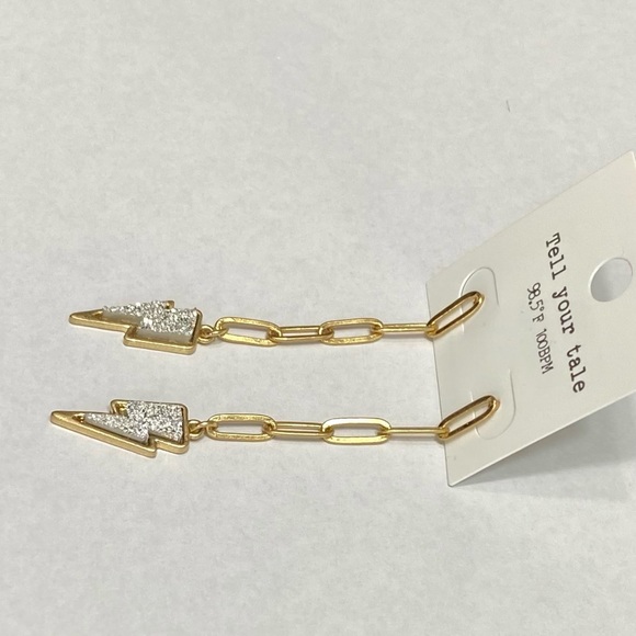 SILVER DRUZY LIGHTNING BOLT & GOLD METAL CHAIN LINK 2.5” DANGLE POST EARRINGS - Picture 3 of 4